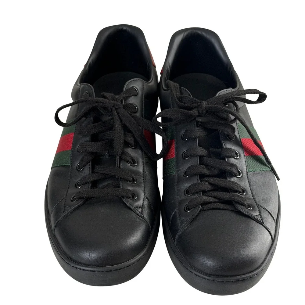Gucci Ace Black Leather Web Stripe Sneakers Red Snakeskin Heel 386750 w/ Box
